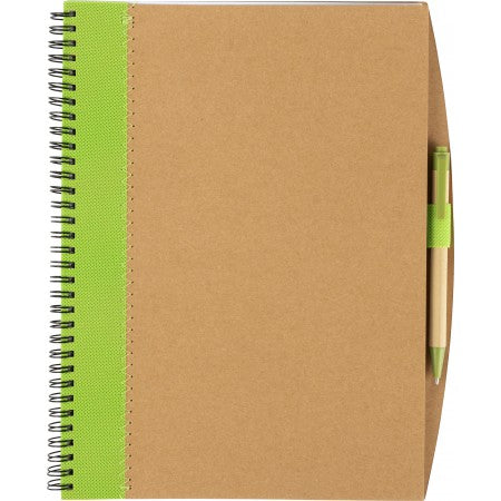 Recycled cardboard notebook with pen, lime