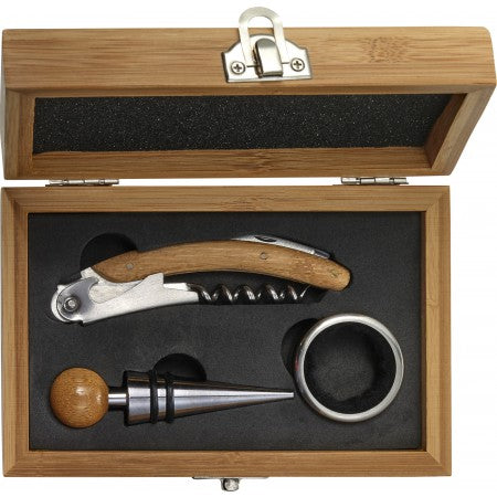 Stainless steel and bamboo wine set, brown