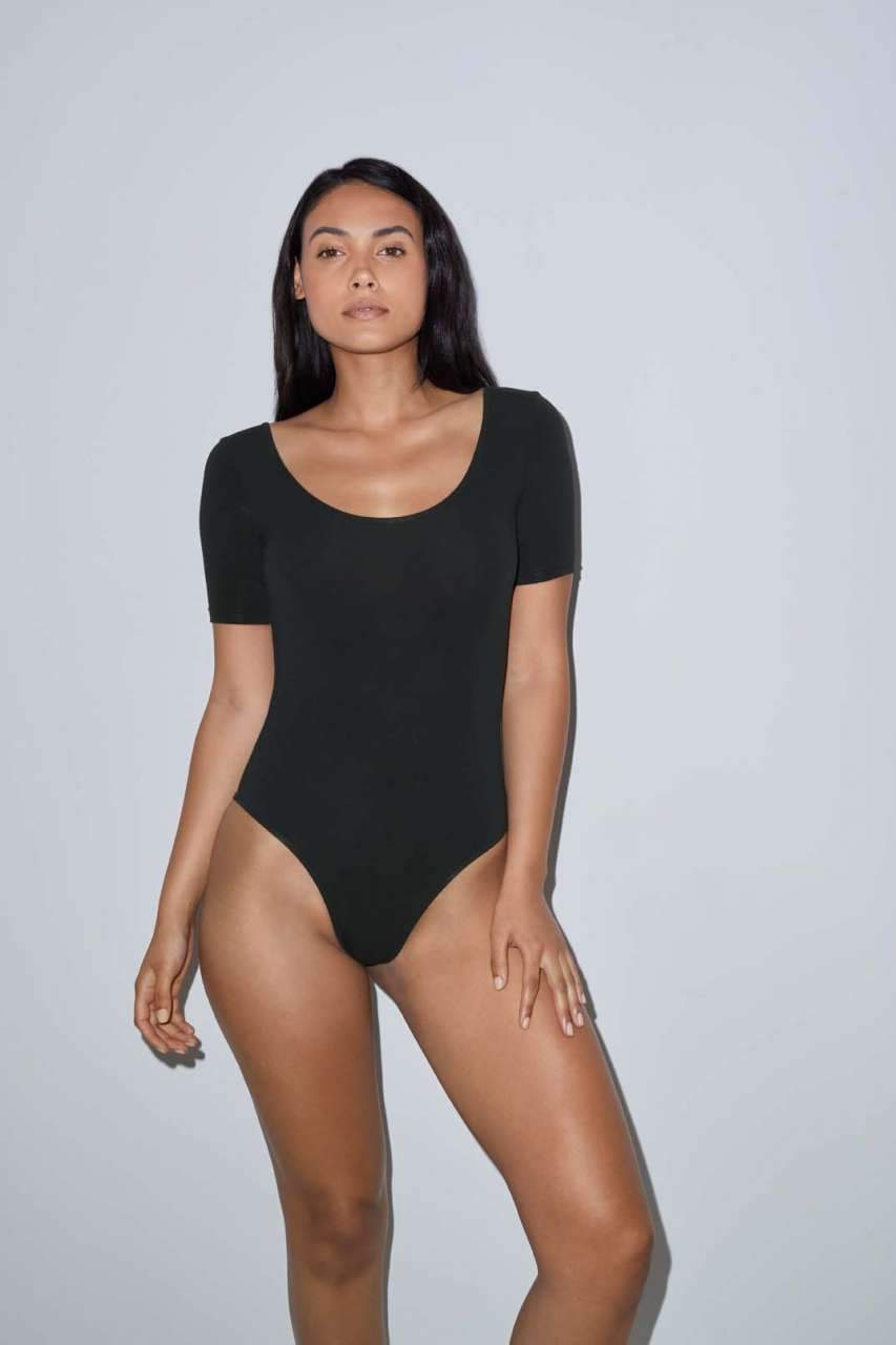 WOMEN'S COTTON SPANDEX JERSEY SHORT SLEEVE DOUBLE U-NECK BODYSUIT - BRANIO